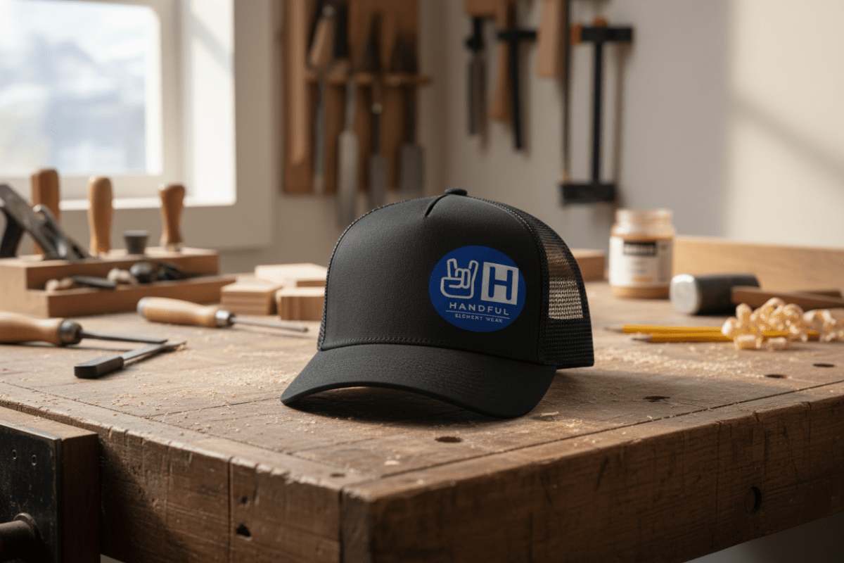 Handful Element Wear Trucker Hat: Black Front/White Mesh back - HANDFUL